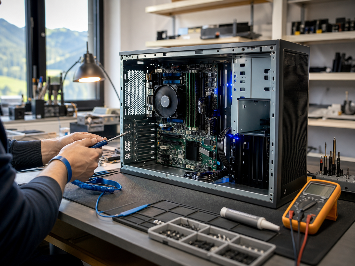 Banco di lavoro con scheda madre a vista, dissipatore e cacciaviti di precisione durante una riparazione PC a Bolzano