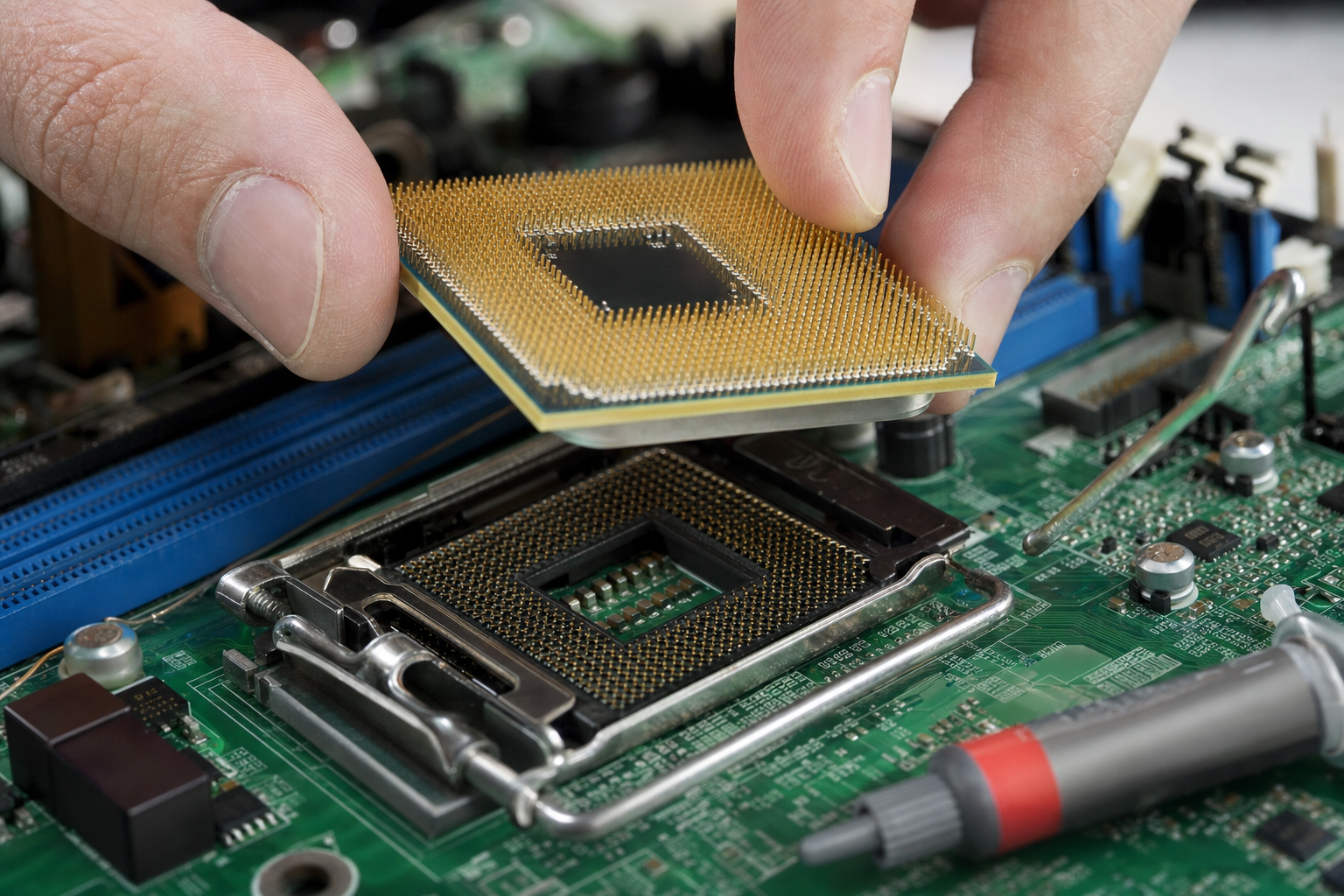 Tecnico che installa una CPU su una scheda madre durante l'assemblaggio di un PC su misura