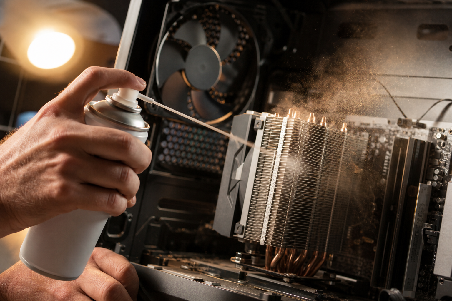 Pulizia con aria compressa dei dissipatori e delle ventole all'interno di un case PC