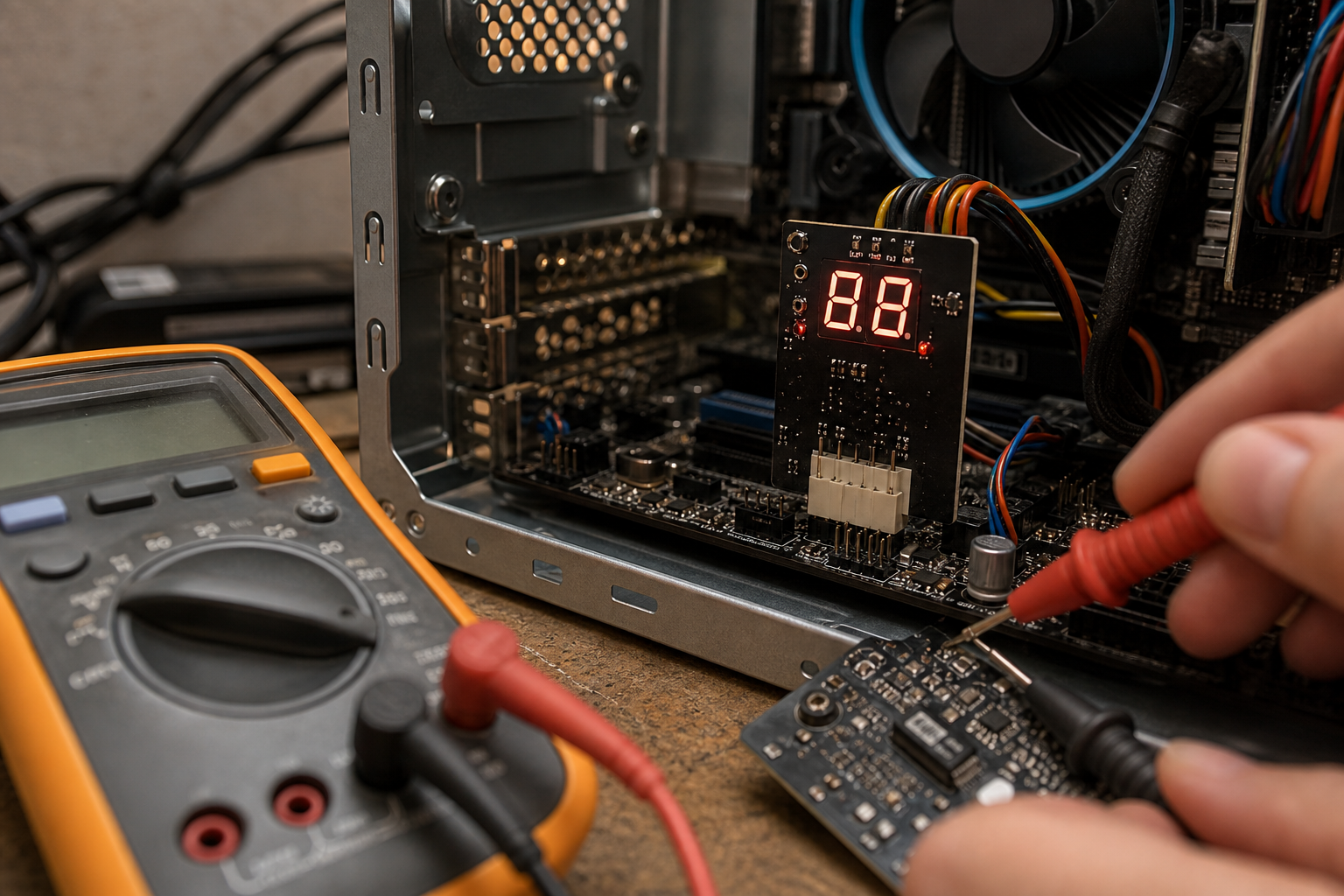 Diagnostica hardware di un case desktop aperto con multimetro e scheda POST di debug