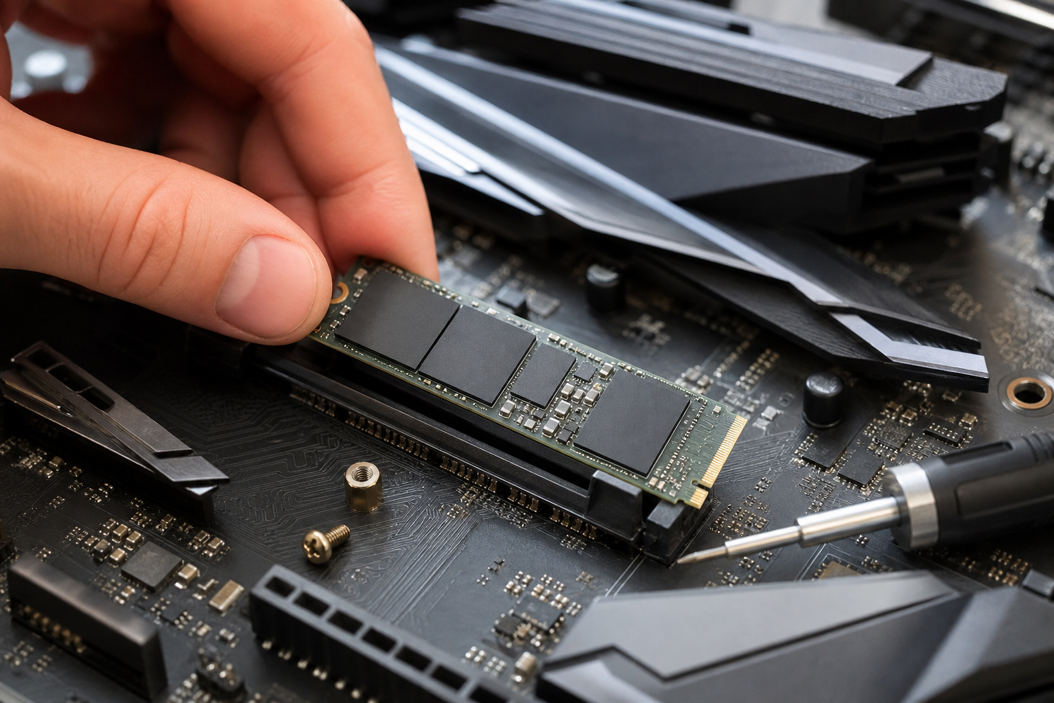 Installazione di un SSD NVMe su una scheda madre durante un upgrade dello storage