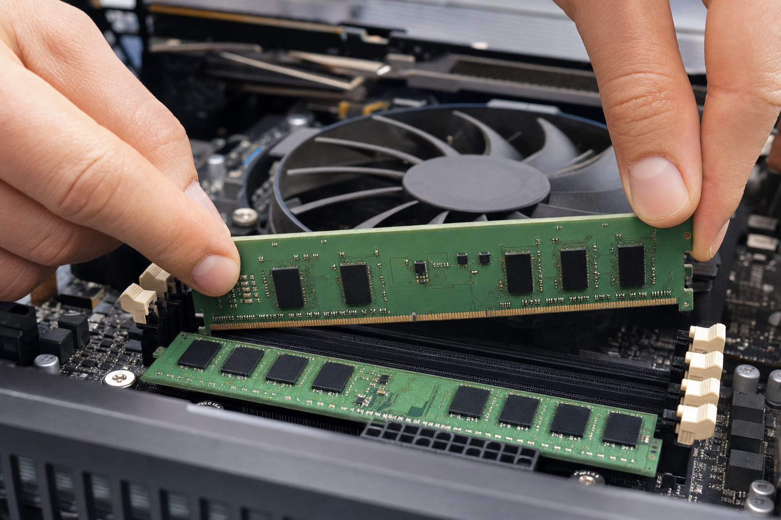 Inserimento di un banco di RAM negli slot di una scheda madre durante un upgrade hardware